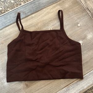 Fabletics brown ribbed workout top, high-neck, spaghetti straps, crop top